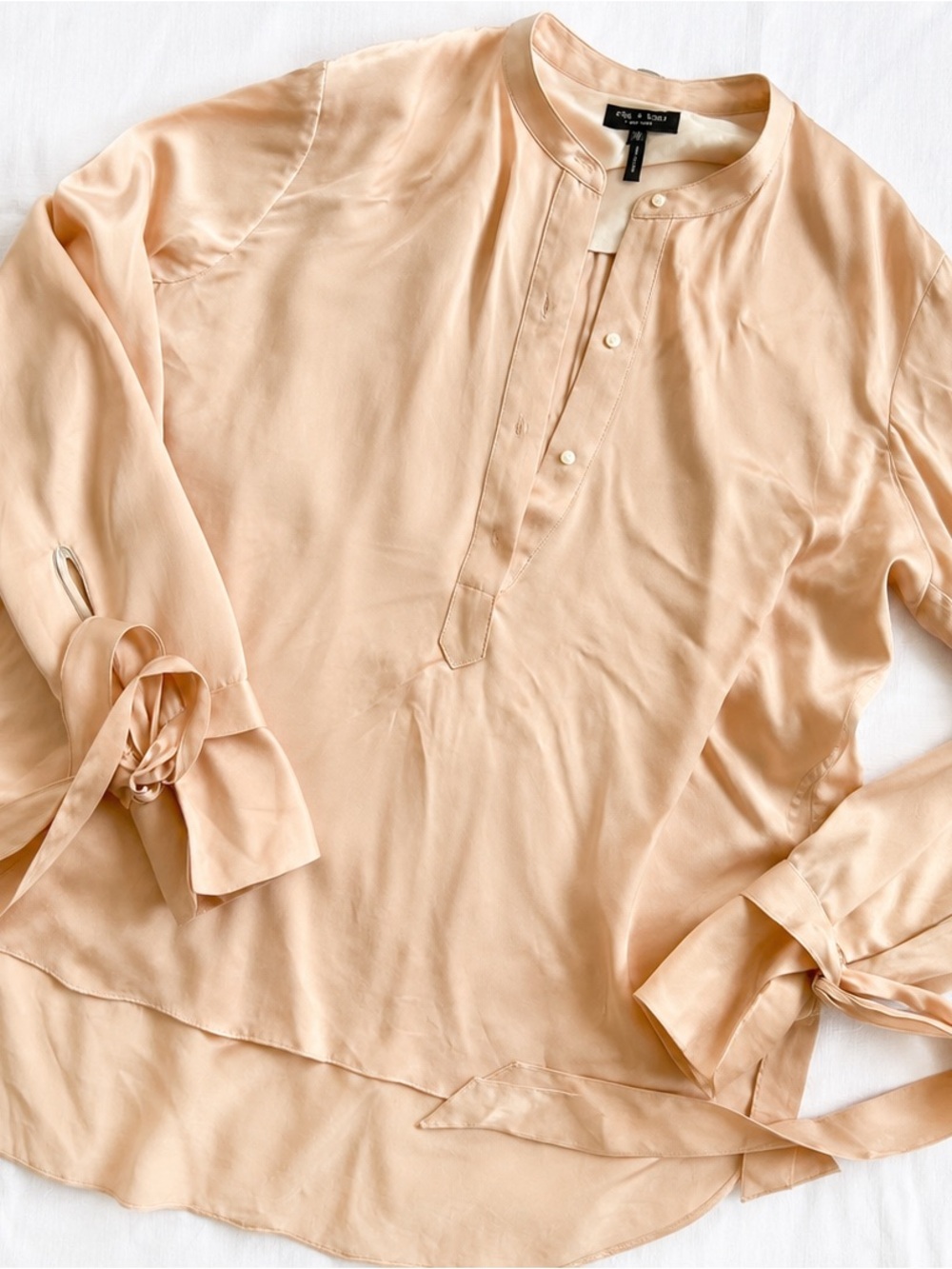 Rag & Bone Silk Blouse Medium Champagne Nude Tie Cuff Long Sleeve Top